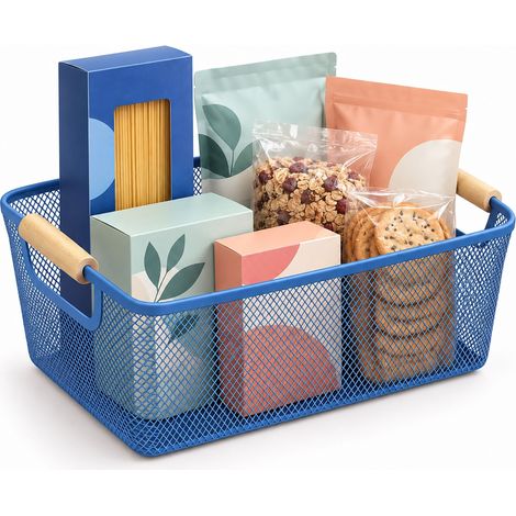 Relaxdays Cesta de Almacenaje Asas Madera, Rectangular, Caja Organizadora Metal, 16,5x37x22,5cm, Cocina, Baño, Azul