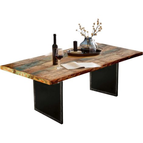 Table de salle à manger style industriel avec plateau laqué coloré et piétement métal 160 x 85 cm - PANGIVO (1/4)