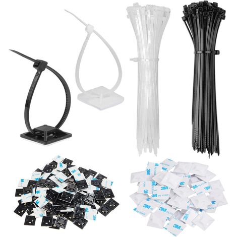 Lot de 200 serre-câbles adhésifs en plastique – Colle durable pour surfaces propres – Gestion efficace des câbles à la maison et au bureau – Noir, blanc