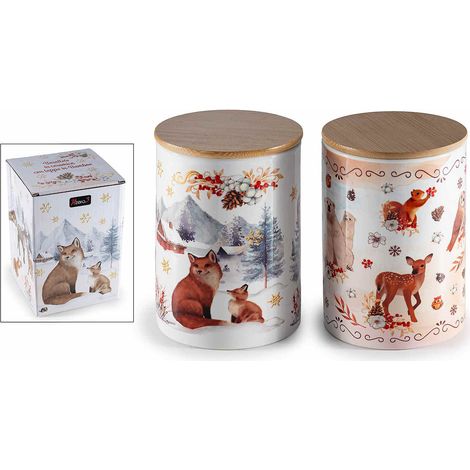 Barattoli in ceramica alimentare con stampa animaletti invernali e tappo in legno, set da 2 pezzi, Ø 10 cm x 14,5 H