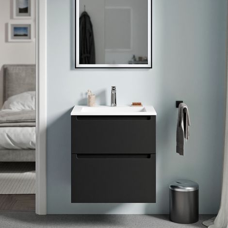 Unterschrank Bernstein VIREO 60cm mit Mineralguss Waschbecken BRUXELLES Badmöbel: Schwarz matt, Waschbecken: Weiß matt mit Hahnloch (1/5)