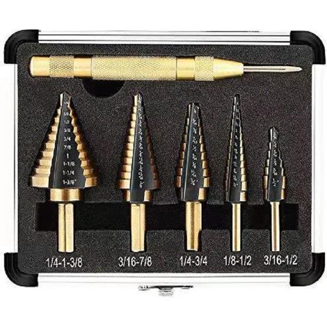 Foret Étagé 5PCS avec Poinçon Central Automatique et Foret Hélicoïdal - Coupe Conique Double Fente Revêtu de Titane (1/4)