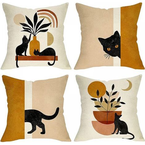 4545cm Set of 4, Abstract Black Cat Plant Sun Moon Decorative Pillowcase Modern Minimalist Art Aesthetic Linen Pillow Cover for Sofa Home Decor (1/5)