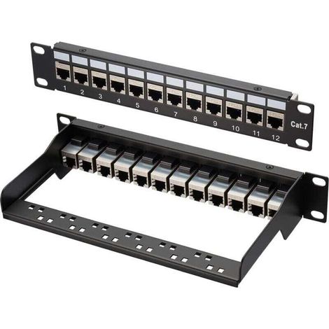 Panneau de brassage LAN Switch 12 ports Cat 7 10" Panneau de distribution blindé Montage en rack Montage serveur pour commutateur réseau Gigabit Bureau et montage mural Blindé (1/4)