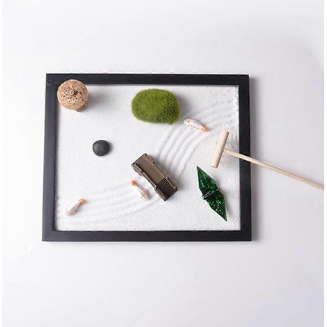 Kit de sable pour jardin zen miniature, kit de méditation et de détente paisible, ensemble de décoration en résine, ornements pour micro-paysages de bureau (1/4)