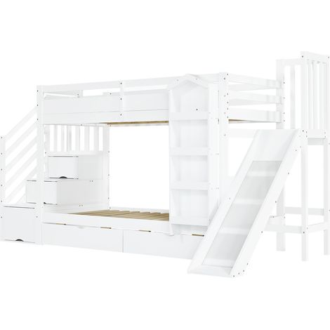 Litera infantil blanca 90x200 cm con tobogán, estantería y 2 cajones HOMVRA (1/5)