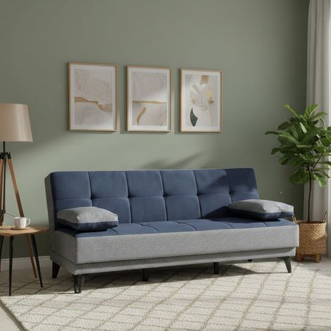 Dmora - Sofá cama Dfortin, Sofá cama 3 plazas con pies de metal negro, Sofá de salón en tela tapizada con apertura clic-clac, 190x87h97 cm, Gris y Azul (1/5)
