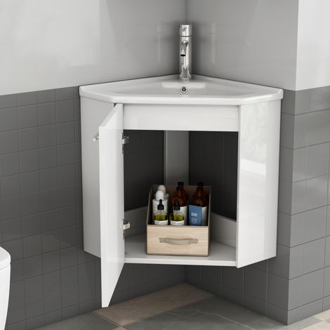 Mobile bagno angolare bianco lucido con lavabo in ceramica, preassemblato, OKWISH (1/5)