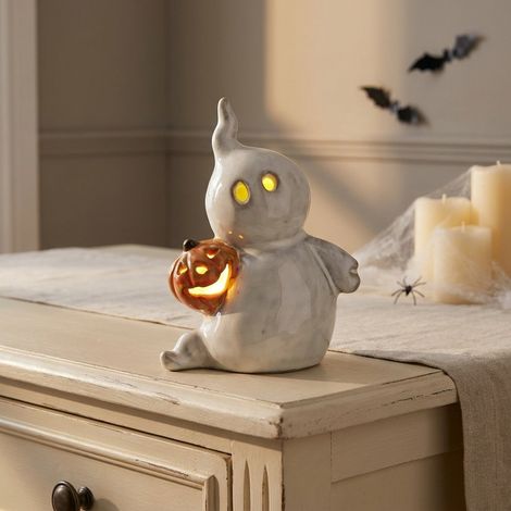 Ceramic Light Up Pumpkin Ghost Ornament (1/2)