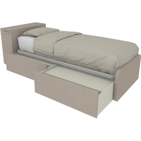 Letto singolo salvaspazio con cassetti e testata contenitiva - Effetto tessuto