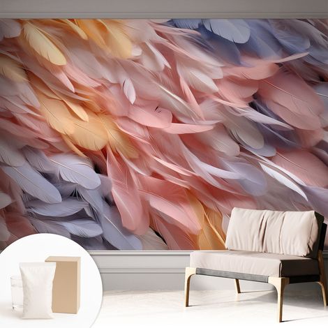 Papier peint intissé mural pour salon chambre à coucher tendance et originale - Colle incluse gratuite Plumes pastel 312x219 cm (1/5)