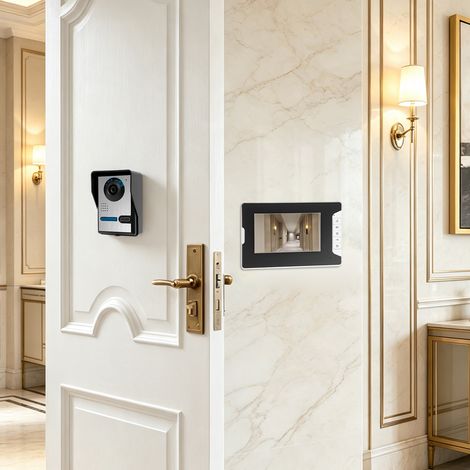 【Maison connectée】Caméra de surveillance de la porte d'entrée, sonnette vidéo intelligente, sonnette d'écran LCD de 7 pouces, kit de sonnerie, 16 types de musique de sonnerie, fonction infrarouge de v (1/5)