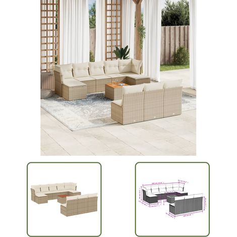 The Living Store 11-tlg. Garten-Sofagarnitur mit Kissen Beige Poly Rattan - Gartensortiment - Esszimmergarnitur - Gartenlounge - Outdoor Möbel - Lounge Set (1/3)