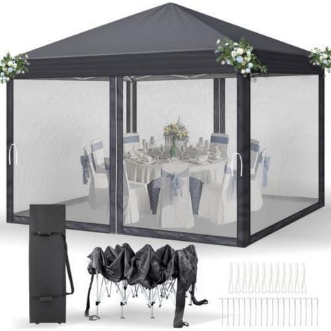 Pavillon 3x3m wasserdicht UV-Schutz 50+ mit 4 Mesh-Seitenteilen, dunkelgrau (1/5)