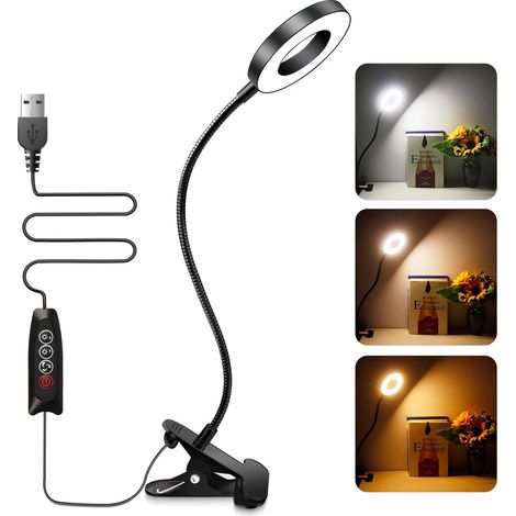 USB-Klemm-Schreibtischlampe, schwarz, 48 LEDs, 3 Farben und 10 dimmbare Intensitäten, Leselampe zum Lesen im Bett, flexible Schwanenhals-Klemmlampe, LED-Tattoo-Lampe, Wimpernverlängerung [Energieklass