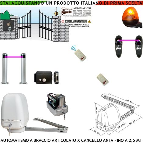 Automazione Cancello Kit Motore a Braccio Articolato 220/24 V Anta da 0,5 a 2,5 MT Elettroserratura Selettore Faro 2 Paline 2 Fotocellule 2 Radiocomandi (1/4)