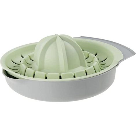 Fackelmann 33001 Spremiagrumi manuale, spremi agrumi con contenitore, spremifrutta per spremere arance, limoni, pompelmi, lime, plastica Ecologica, Verde Menta Pastello/Grigio Chiaro, 170x140x60 mm