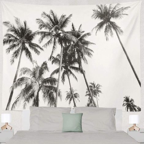 Plage Nature Vintage Palmier Art Noir Blanc - Tapisserie murale - 200x150 cm - Grande tapisserie – Poster - Toile - Accessoires pour Chambre Salon Chambre d'enfants (1/5)