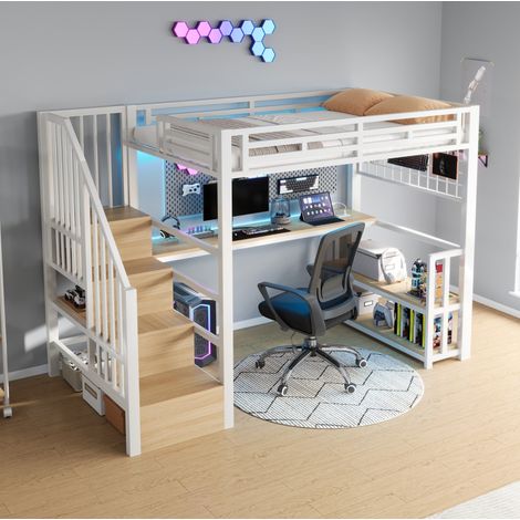 Cama alta 90x200 cm de metal blanco con escritorio y almacenaje, sin colchón – MEUBLIV (1/5)