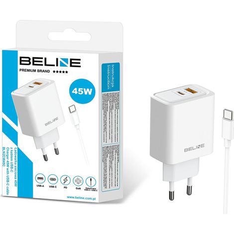 Chargeur mural Beline 45 W GaN USB-A/USB-C + câble USB-C/USB-C BLN2CW45C Blanc