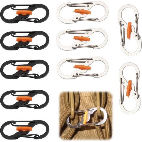 Lot de 10 mousquetons en S, petits mousquetons en acier inoxydable, mini-mousquetons à double verrouillage, antivol et antichute, pour clés et usage extérieur. (1/5)