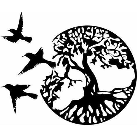 Arbre De Vie - Décoration Murale En Métal - Silhouette Creuse Avec Oiseaux - Pour Intérieur Et Extérieur - Noir - 1 Pièce (1/4)