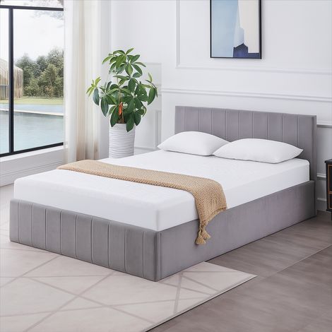 Ottoman Bed Gas Lift Storage Grey 4ft6 Double with 1 Mattress Line Pattern Velvet Bedroom (1/5)