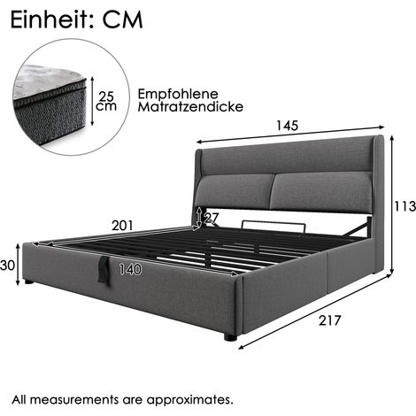 Lit double 140x200cm en lin gris avec structure hydraulique, sommier métallique à ressorts et têtes réglables, rangement intégré, sans matelas