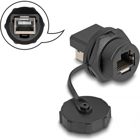 Delock Acoplador RJ45 Cat.6A con tapa protectora para instalaciÃ³n integrada IP67 a prueba de polvo y agua