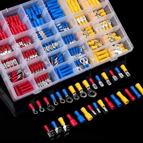 480 pezzi, 30 tipi di terminali elettrici a crimpare, connettori con prese isolate, terminali ad anello piatto, terminali a forcella e kit, con scatola di stoccaggio. (1/4)
