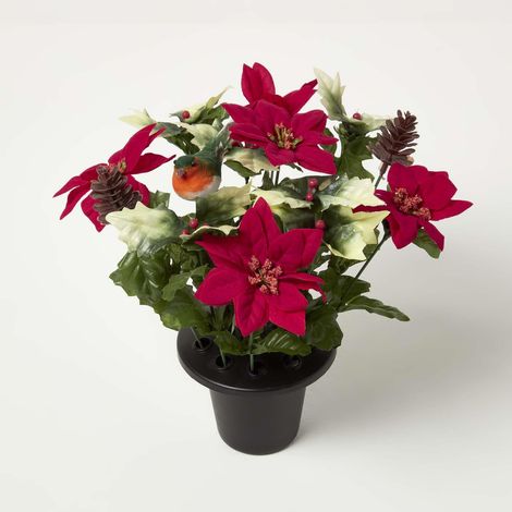 HOMESCAPES Artificial Poinsettia, Holly and Robin Grave Vase (1/5)