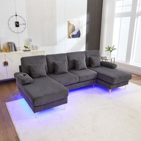 Canapé moderne en forme de U avec éclairage d'ambiance LED et port USB-C, structure en bois massif, 4 coussins luxueux et dossier ergonomique haut de gamme pour un confort optimal, gris (1/5)