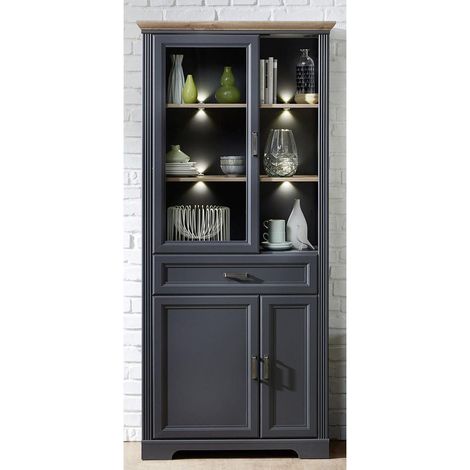 Stand-Vitrine JÜLICH-36 inkl. LED-Beleuchtung im Landhausstil Dekor Graphit und Artisan Eiche Nb. B/H/T: 93/204/42 cm (1/5)