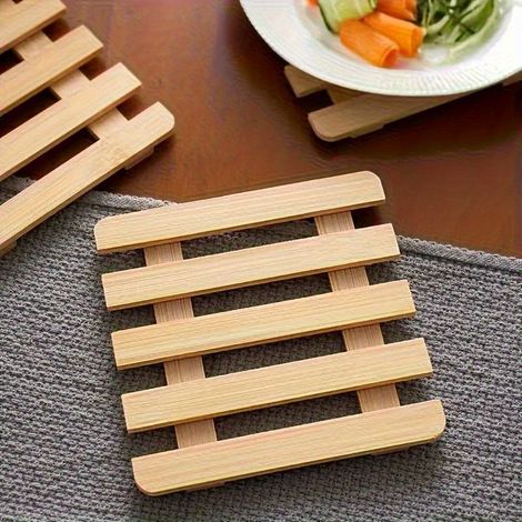 2pcs dessous-de-plat résistants à la chaleur en bambou, tapis de protection de table en bois naturel empilables pour bols et poêles chauds (1/4)