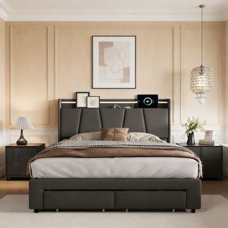 Polsterbett 140 x 200 cm, Hydraulisches Bett mit LED und USB-Ladefunktion, modern Doppelbett mit Stauraum und Kopfteil, Bettgestell mit Lattenrost, Leinen Grau, Ohne Matratze