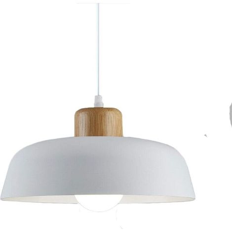 Lampe à suspension en métal rond simple et moderne nordique, Grand plafonnier E27 finition bois, Lumière suspendue de couleur vive pour salon de chambre à coucher de cuisine (Blanc)