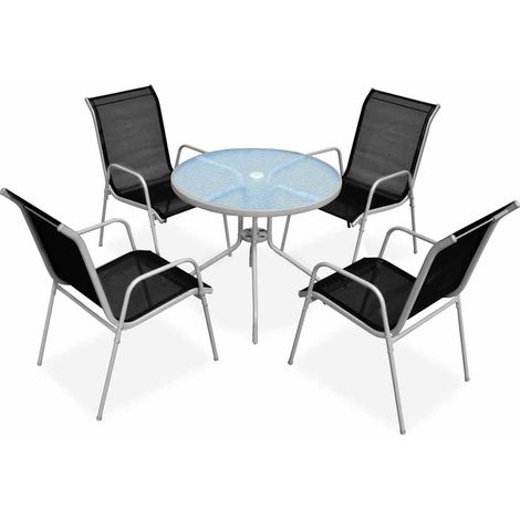 Ensemble repas extérieur 5 pièces table et 4 chaises en acier textilène gris et noir - PANGIVO (1/5)