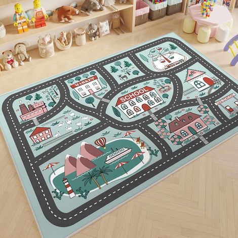 Tapis pour chambre d'enfant, tapis de jeu amusant sur le thème du parking, tapis sur le thème de la vie urbaine ferroviaire, tapis pour enfants lavable et antidérapant - 80x120CM (velours cristal)