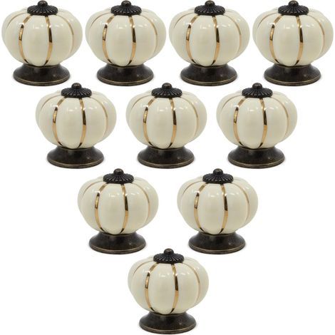 Lote de 10 pomos de armario de cerámica estilo vintage europeo con forma de calabaza para cómoda, armarios y cajones, color beige (1/5)