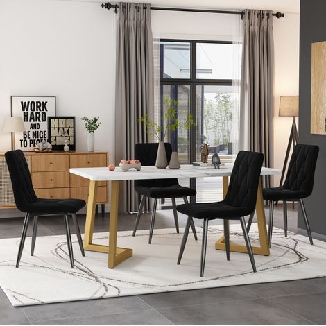 MEUBLIV Ensemble repas 1 table 117x68 cm et 4 chaises en velours noir, pieds dorés (1/5)