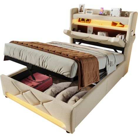 Polsterbett Einzelbett, Stauraum Kopfteil mit USB und Typ C-Port ,360-Surround-LED-Funktion rund um Kopf- und Fußende des, Betten mit Hydraulisch Stauraum, Leinen(Ohne Matratze)