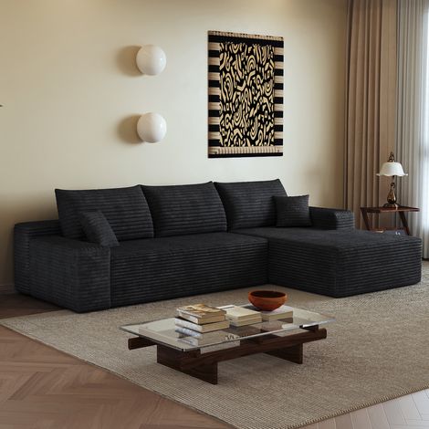 Divano angolare modulare 270 cm con chaise longue, senza montaggio, nero DESVIAE (1/5)
