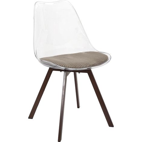 Chaise Coque Transparente avec Coussin Velours Cotelé Taupe rembourré - Piètement métal effet Bois Foncé - Livraison gratuite
