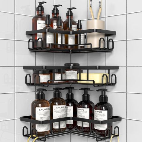 3 Pièces - Étagère De Douche - Étagère D&39angle - Rangement Salle De Bain Sans Perçage Pour Carrelage Et Verre Noir 25x25cm