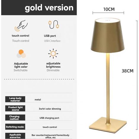 Moderne und schlichte, per USB aufladbare LED-Tischleuchte, berührungsempfindliche Ambienteleuchte aus Eisen, hellgoldene dreifarbige Stehleuchte (1/5)