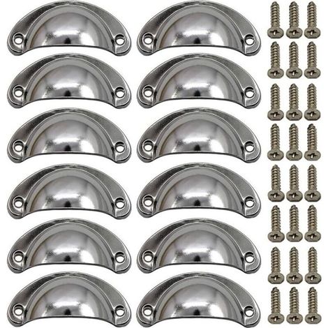 Lot de 12 poignées coquillage vintage pour commode, meuble de cuisine, forme demi-lune, 8,1 cm x 3,5 cm, argentées (1/5)