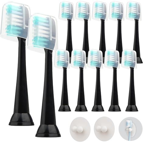 12 Pcs Replacement Brush Heads with Dust Cap Compatible with Black Series and Vibe Series Electric Toothbrushes, 2 x Suction Cup Holder (1/5)