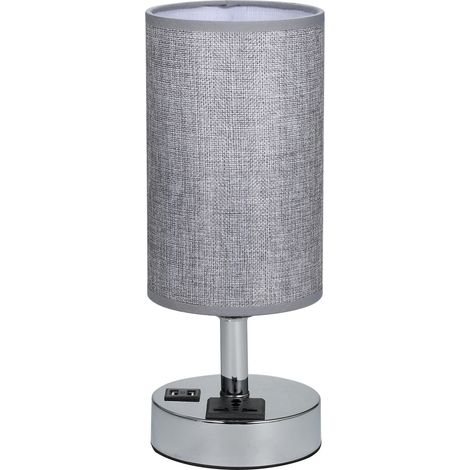 Ortviai Lampe de chevet avec prise AC et 2 ports USB, variateur tactile 3 niveaux, abat-jour en lin gris, base métallique (1/5)