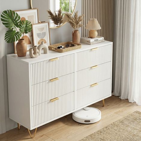 Cassettiera camera letto 100 cm, cassettiera bianca, 6 cassetti, mobile contenitore con frontali testurizzati e piedini dorati, ingresso e soggiorno, stile moderno(100x34x73cm, Bianco)