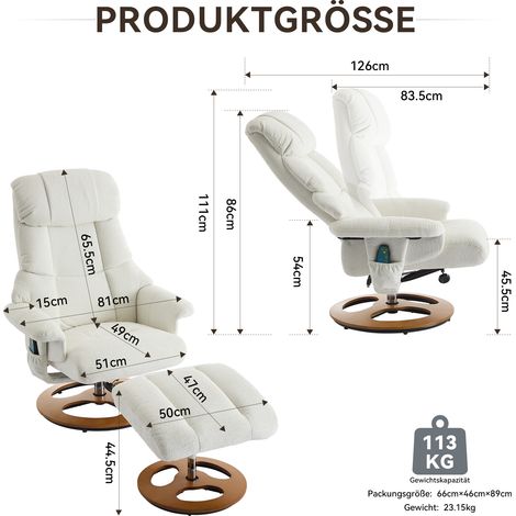 Fauteuil inclinable pivotant 360° en tissu chenille blanc, avec massage, fonction chaleur et repose-pieds, confortable et relaxant. (1/4)